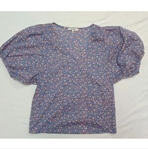 Madewell Women's Blue  Floral Summer Vines Cotton V Neck Balloon Sleeve Size Xs
